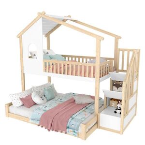 Modfu PATROVÁ postel z borovice 90x200 cm přírodní/bílá s bezpečnostním zábradlím, úložným schodištěm a domkovým designem obraz