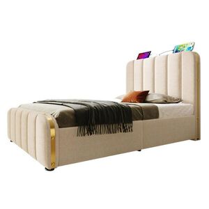 Modfu ČALOUNĚNÁ postel 90x200 cm z lnu béžová s hydraulickým úložným prostorem, USB a USB-C nabíjením obraz