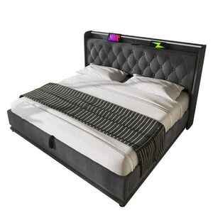 Modfu ČALOUNĚNÁ postel z lněné tkaniny 140x200 cm šedá s 360° LED, USB-C a hydraulickým úložným prostorem obraz