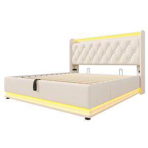 Modfu ČALOUNĚNÁ postel z PU 140x200 cm bílá s LED osvětlením, USB, USB-C a hydraulickým úložným prostorem, s matrací obraz