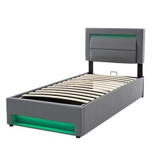 Modfu ČALOUNĚNÁ postel z PU 90x190 cm šedá s USB portem, LED osvětlením a úložným prostorem obraz