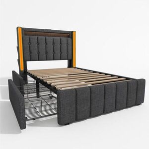 Modfu ČALOUNĚNÁ postel z lněné tkaniny 90x200 cm šedá s LED osvětlením, USB-C a 2 zásuvkami, včetně matrace obraz