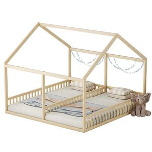OKWISH DĚTSKÁ postel 90/200 cm přírodní z borovice a MDF s domečkem a zábradlím obraz