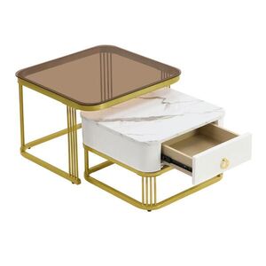 Modfu SADA konferenčních stolků z MDF 60x60x44, 5 cm bílá, čajově hnědá a zlatá se zásuvkou v mramorovém vzhledu obraz