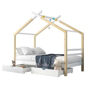 OKWISH DĚTSKÁ postel domeček 90/200 cm bílá z masivu a MDF se zásuvkami a roštem obraz