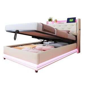 OKWISH ČALOUNĚNÁ postel 90/200 cm béžová z lněné látky s LED světly, USB a úložným prostorem obraz