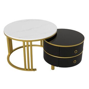 Modfu SADA konferenčních stolků z MDF 70x70x46 + 50x50x40 cm černá se zásuvkami, ve vysokém lesku a s mramorovým dekorem obraz