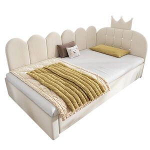 OKWISH POSTEL s výsuvným lůžkem 90/200 cm béžová ze sametu s korunkovým čelem a mřížkovým designem obraz