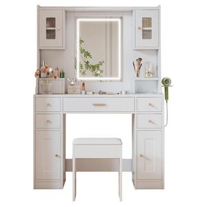 OKWISH TOALETNÍ stolek 105/40/152 cm bílý z dřevotřísky se zrcadlem s osvětlením a zásuvkami obraz