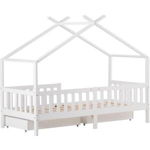 OKWISH DĚTSKÁ postel domeček 90/200 cm bílá z masivního dřeva s ohrádkou a zásuvkami obraz