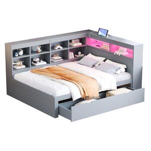 OKWISH MULTIFUNKČNÍ postel 140/200 cm šedá z masivního dřeva s USB a LED osvětlením a úložným prostorem obraz
