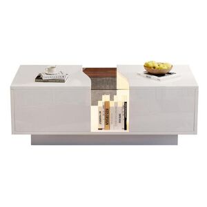 Modfu KONFERENČNÍ stolek z MDF 100x50x35 cm bílý vysoký lesk s LED osvětlením, akrylovou deskou a 2 zásuvkami obraz