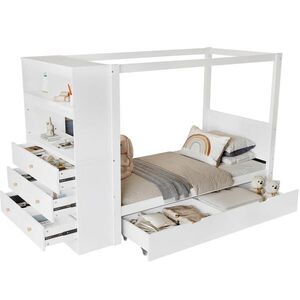 OKWISH JEDNOLŮŽKOVÁ postel 90x200 cm bílá z masivního dřeva a MDF s úložným prostorem a psacím koutem obraz