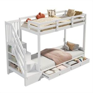 OKWISH PATROVÁ postel 90/200 cm bílá z masivu a MDF se schodišťovou skříní a zásuvkami obraz