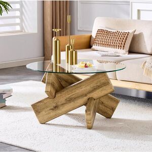 Modfu KONFERENČNÍ stolek z MDF a skla 79x79x45 cm transparentní / dekor dřeva s kulatou deskou a křížovou podnoží obraz
