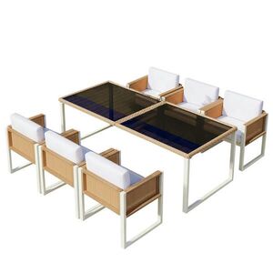 OKWISH ZAHRADNÍ jídelní set 170/80/75 cm hnědá a bílá z ratanu a látky se 6 židlemi obraz