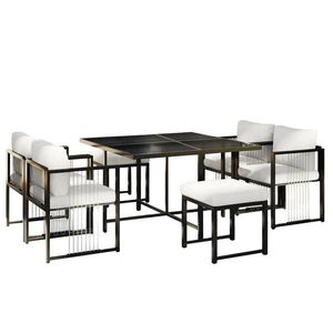 OKWISH ZAHRADNÍ jídelní set 117/117 cm černo-bílý z kovu a skla s polštáři pro 6 osob obraz