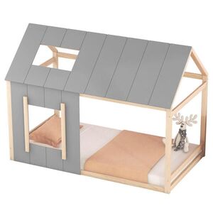 Redom DĚTSKÁ postýlka 90/200 cm v designu domečku s střechou a oknem, stabilní rám a kreativní dekorování, Naturální/Šedá obraz