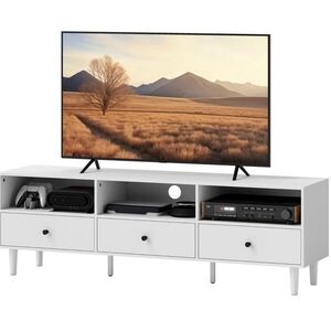 Redom TV stolek 140/34/45 cm s kabelovým vedením, 3 otevřenými přihrádkami a 3 zásuvkami, Bílá obraz