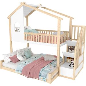 Redom PALANDA 90/200 + 140/200 cm s bezpečnostním zábradlím, úložným schodištěm a okénkem, Přírodní/Bílá obraz