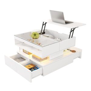 Redom KONFERENČNÍ stolek 70/67/57 cm s výklopnou deskou, LED osvětlením, skleněnou deskou a úložným prostorem, Bílá obraz