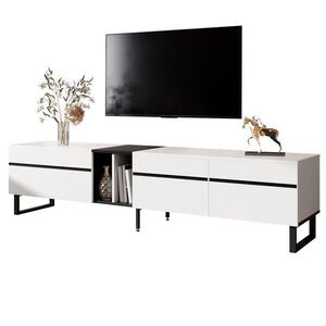 Redom TV stolek 180 cm s klopným boxem, otevřeným prostorem a dvířky, stabilní nohy s nastavením, Bílá obraz