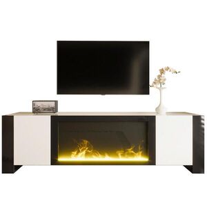 Redom TV stolek 165/32/55 cm s elektrickým krbem, vysoký lesk a úložný prostor, Bílá/Černá obraz