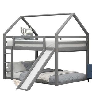 Redom PALANDA 140/200 cm s domečkovým designem, skluzavkou, žebříkem a bezpečnostním zábradlím z borovice a MDF, Šedá obraz