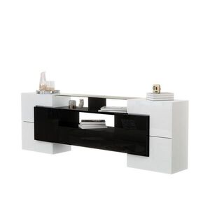 Redom TV stolek 200/35/60 cm s LED osvětlením, vysoký lesk a skleněná plocha, úložný prostor, Bílá/Černá obraz