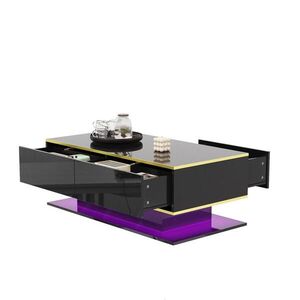 Redom KONFERENČNÍ stolek 100/50/40 cm s LED podsvícením, 3 zásuvkami a lesklým povrchem, Černá/ Zlatá obraz
