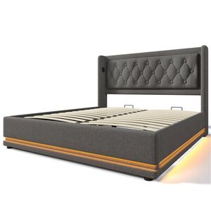 Modfu ČALOUNĚNÁ postel z bavlny 160x200 cm šedá s USB, USB-C, LED a hydraulickým úložným prostorem obraz