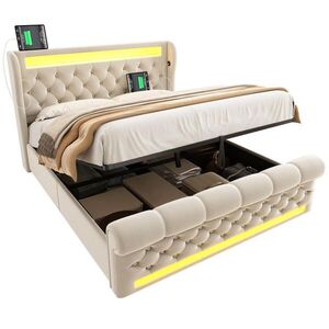 Modfu ČALOUNĚNÁ postel ze sametu 140x190 cm béžová s LED, USB-C a hydraulickým úložným prostorem obraz