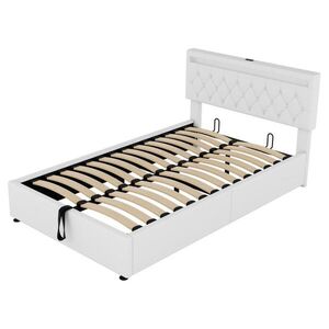 Modfu ČALOUNĚNÁ postel z lnu 140x200 cm bílá s LED osvětlením, USB a USB-C porty a hydraulickým úložným prostorem obraz