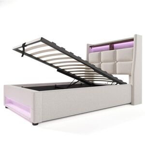 Modfu ČALOUNĚNÁ postel z lněné tkaniny 90x200 cm světle béžová s LED osvětlením, USB porty a úložným prostorem obraz
