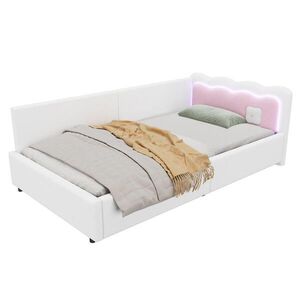 Modfu DENNÍ postel z MDF a sametové látky 90x200 cm bílá s LED osvětlením a lamelovým roštem obraz