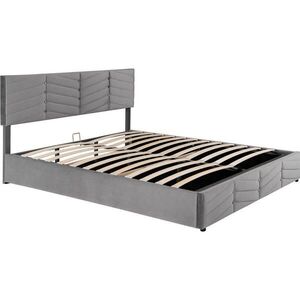 Modfu ČALOUNĚNÁ postel ze sametu 160x200 cm šedá s nastavitelným čelem a hydraulickým úložným prostorem obraz