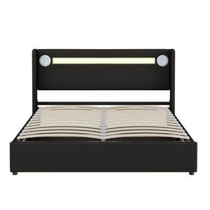 Modfu ČALOUNĚNÁ postel z PU kůže 160x200 cm černá s LED osvětlením, Bluetooth přehrávačem, USB a úložným prostorem obraz