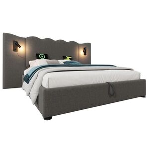 Modfu ČALOUNĚNÁ postel z lnu 180x200 cm šedá s USB, USB-C, lampičkou a hydraulickým úložným prostorem obraz