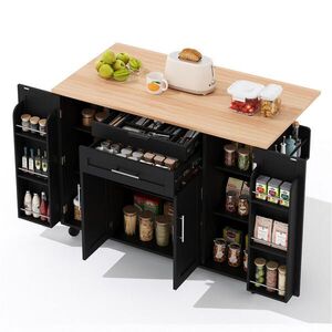 Redom KUCHYŇSKÝ ostrůvek 136/70/92 cm s výsuvnou pracovní deskou, úložným prostorem a kolečky, Černá a přírodní obraz