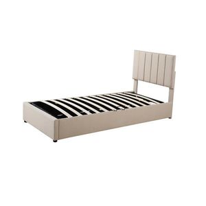 Modfu DĚTSKÁ čalouněná postel z lněné tkaniny 90x200 cm béžová s hydraulickým úložným prostorem a nastavitelným čelem obraz