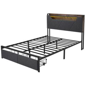 Modfu ČALOUNĚNÁ postel ze lněné tkaniny 140x200 cm šedá s LED osvětlením, USB-C nabíjením a úložnými zásuvkami obraz