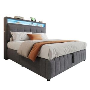 Modfu ČALOUNĚNÁ postel ze lněné tkaniny 160x200 cm šedá s LED osvětlením, USB portem a hydraulickým úložným prostorem obraz