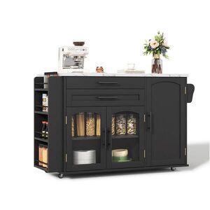 Redom KUCHYŇSKÝ ostrůvek 120/45(70)/90 cm s klopnou deskou, úložným prostorem, 5 kolečky a tvrzeným sklem, Černá obraz