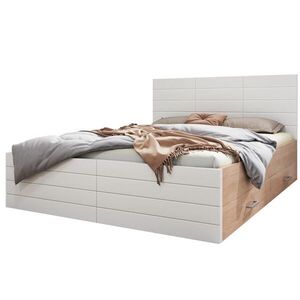 Modfu DŘEVĚNÁ postel z masivního dřeva a MDF 180x200 cm bílá/světlý dub se 2 zásuvkami a roštem obraz