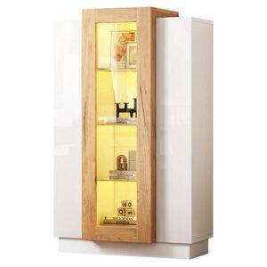 Redom VITRÍNA 74/40/120 cm se 3 dvířky, LED osvětlením, skleněnými policemi a USB napájením, Bílá/přírodní obraz