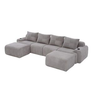 Redom MODULÁRNÍ pohovka 333/174/80 cm, 4místná, volně kombinovatelná z manšestru s držákem nápojů a boční kapsou, Světle šedá obraz