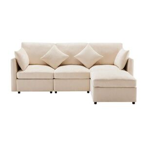 OKWISH ROHOVÁ pohovka 216/161/81 cm béžová z chenille s taburetem a 4 polštáři obraz