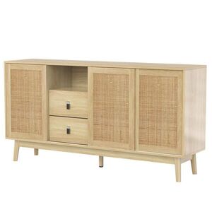 Modfu KOMODA z MDF 155x38x80 cm v barvě dřeva se 3 posuvnými ratanovými dvířky a 2 zásuvkami obraz