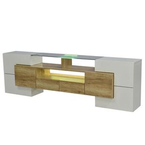 Modfu TV stolek z MDF 200x35x60 cm bílá ve vysokém lesku a přírodní dekor s LED osvětlením a velkým úložným prostorem obraz