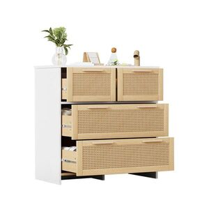 Modfu KOMODA z MDF a masivního dřeva 80x80x38 cm přírodní/bílá se 4 zásuvkami a ratanovým čelem obraz